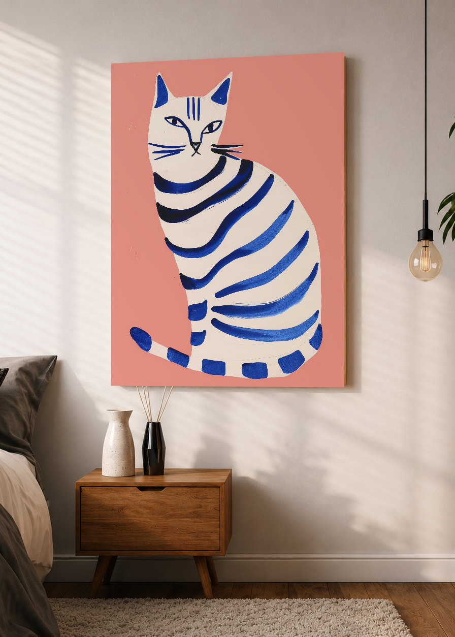 Cuadro Decorativo Mural Sin Marco 5mm - Trendy, Gato Rayas Azul Coral