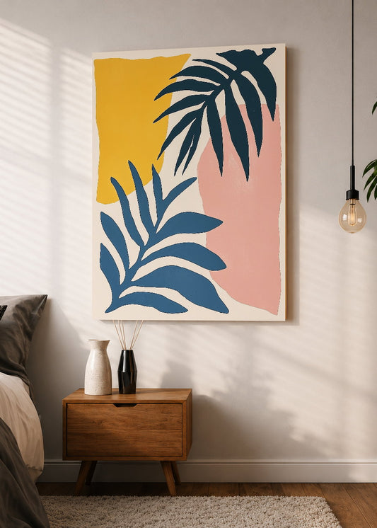 Cuadro Decorativo Mural Sin Marco 5mm - Trendy, Hojas Palmera Azul Mostaza