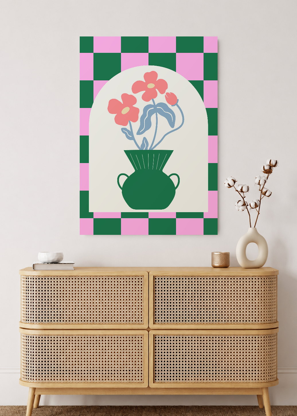 Cuadro Decorativo Mural Sin Marco 5mm - Trendy, Jarrón Verde Arco Ajedrez Rosa