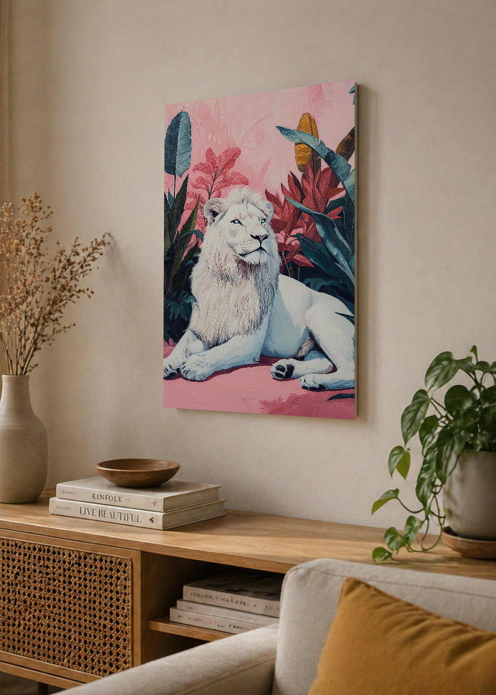 Cuadro Decorativo Mural Sin Marco 5mm - Trendy, Leon Blanco Hojas Rosa