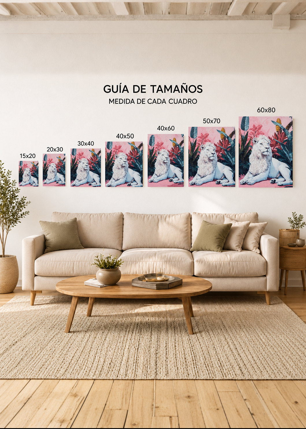 Cuadro Decorativo Mural Sin Marco 5mm - Trendy, Leon Blanco Hojas Rosa