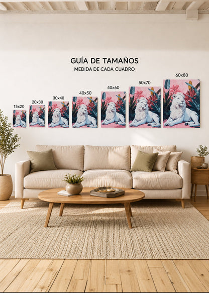 Cuadro Decorativo Mural Sin Marco 5mm - Trendy, Leon Blanco Hojas Rosa
