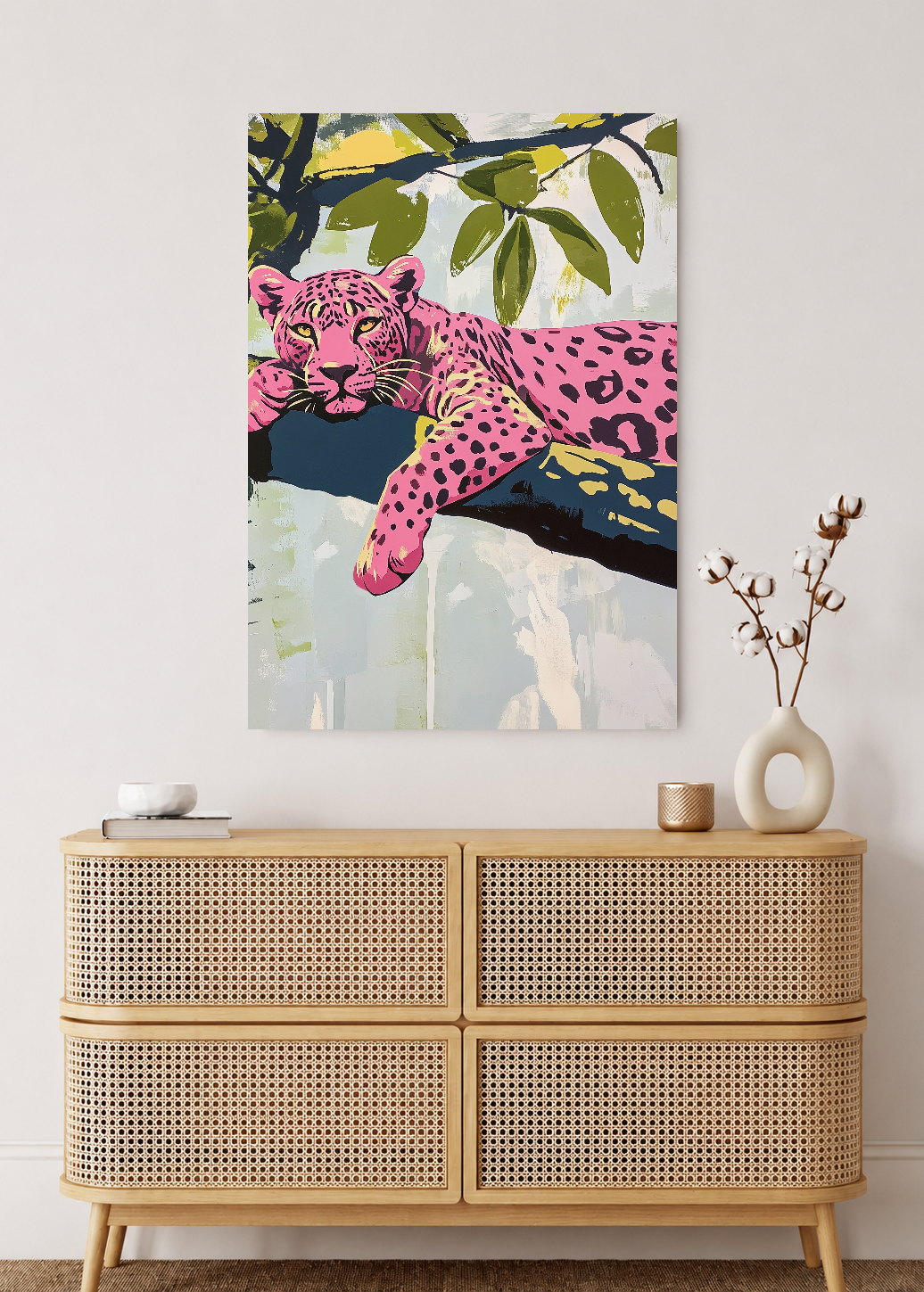Cuadro Decorativo Mural Sin Marco 5mm - Trendy, Leopardo Rosa Rama Verde