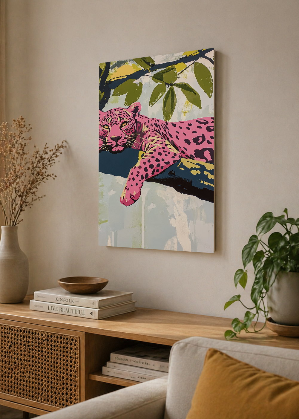 Cuadro Decorativo Mural Sin Marco 5mm - Trendy, Leopardo Rosa Rama Verde