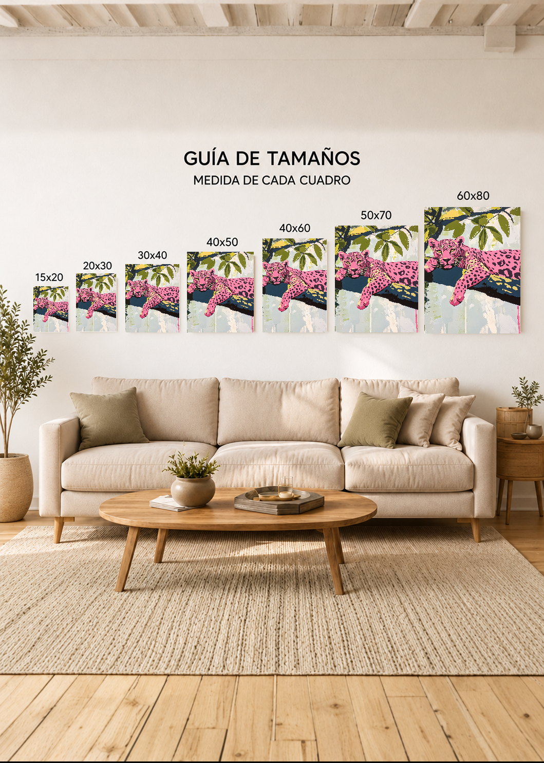 Cuadro Decorativo Mural Sin Marco 5mm - Trendy, Leopardo Rosa Rama Verde