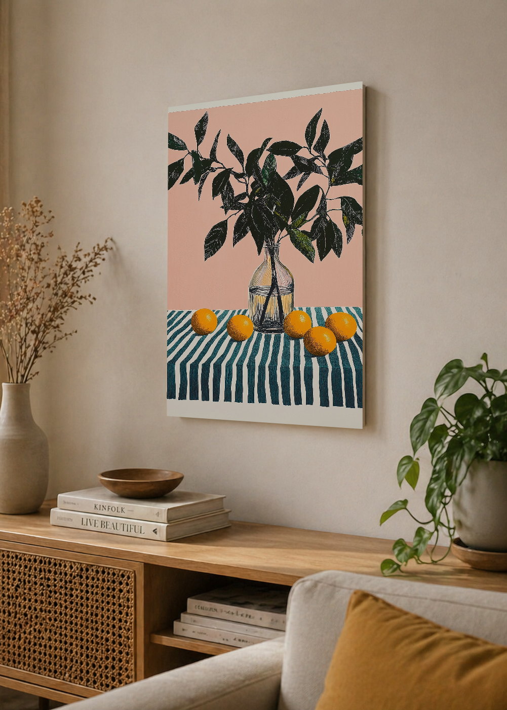 Cuadro Decorativo Mural Sin Marco 5mm - Trendy, Limonero Jarrón Rayas Rosa