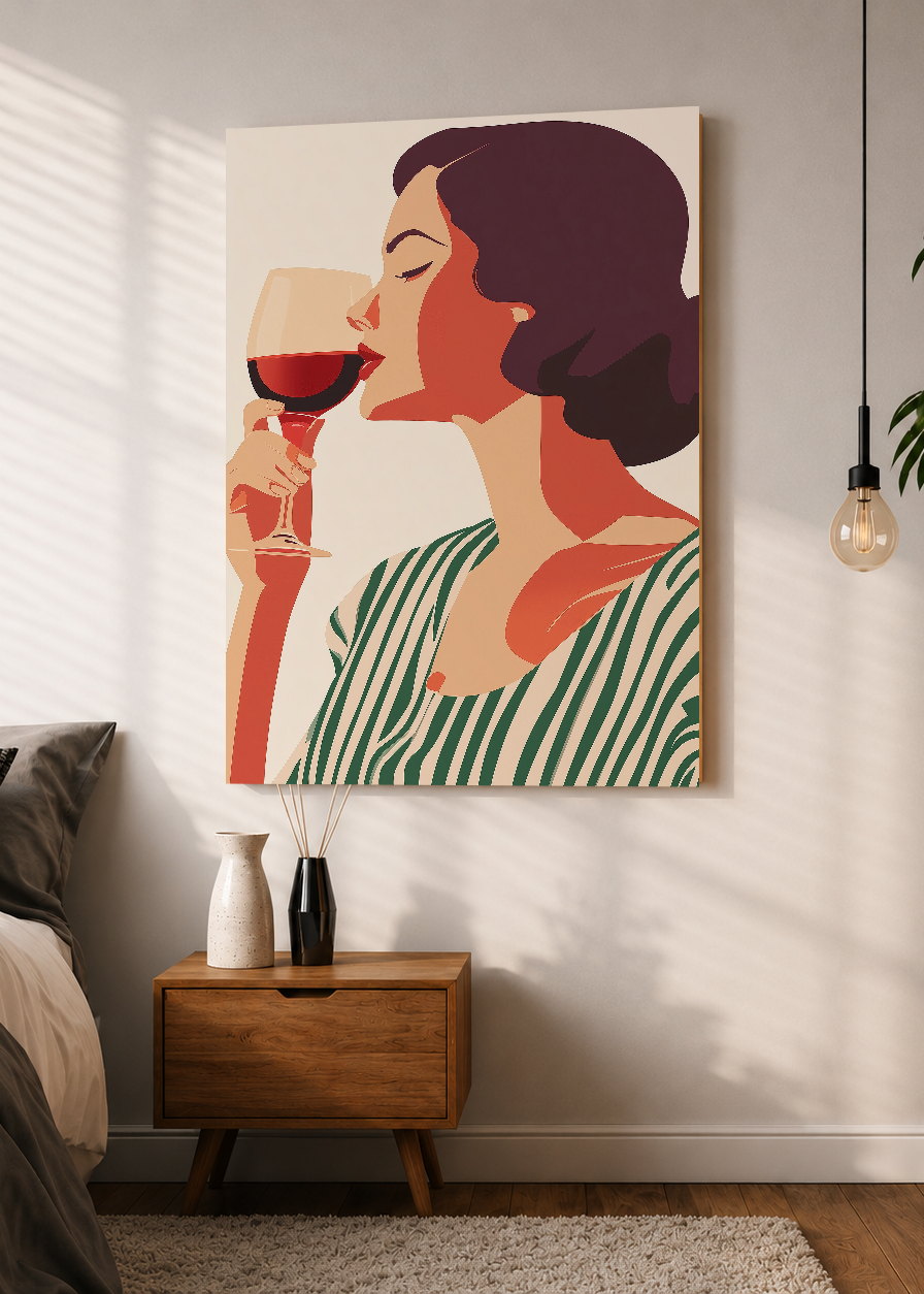 Cuadro Decorativo Mural Sin Marco 5mm - Trendy, Mujer Copa Vino Rayas Verde