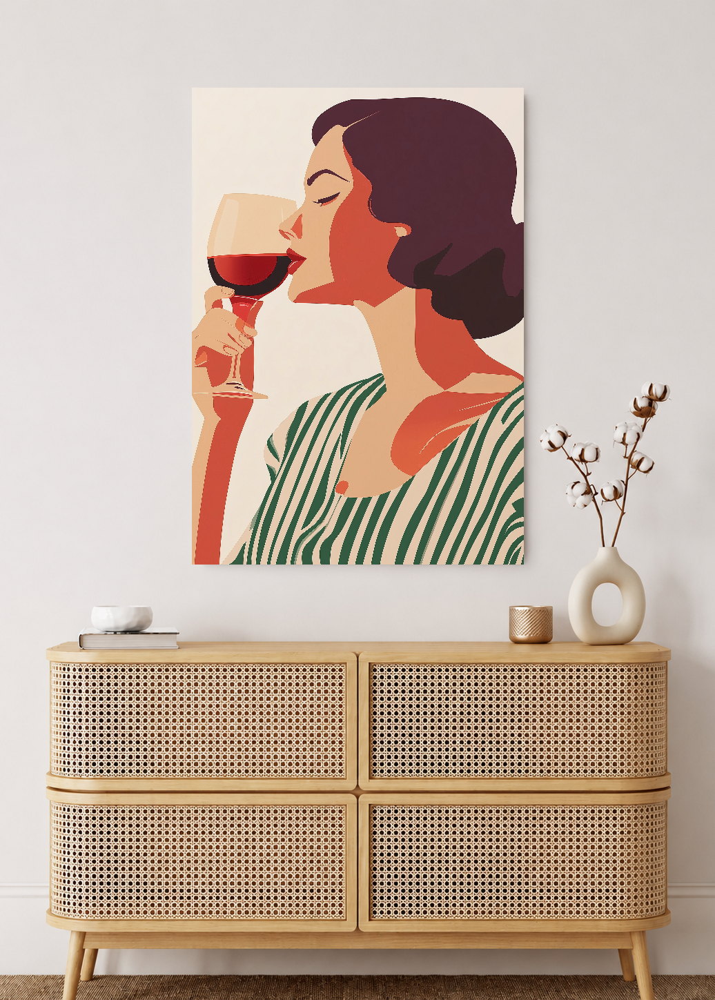 Cuadro Decorativo Mural Sin Marco 5mm - Trendy, Mujer Copa Vino Rayas Verde