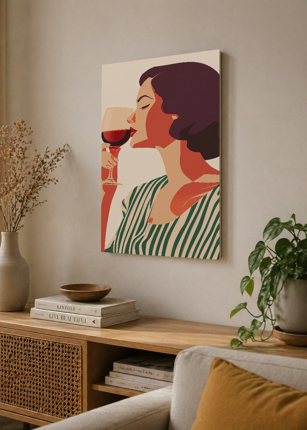 Cuadro Decorativo Mural Sin Marco 5mm - Trendy, Mujer Copa Vino Rayas Verde