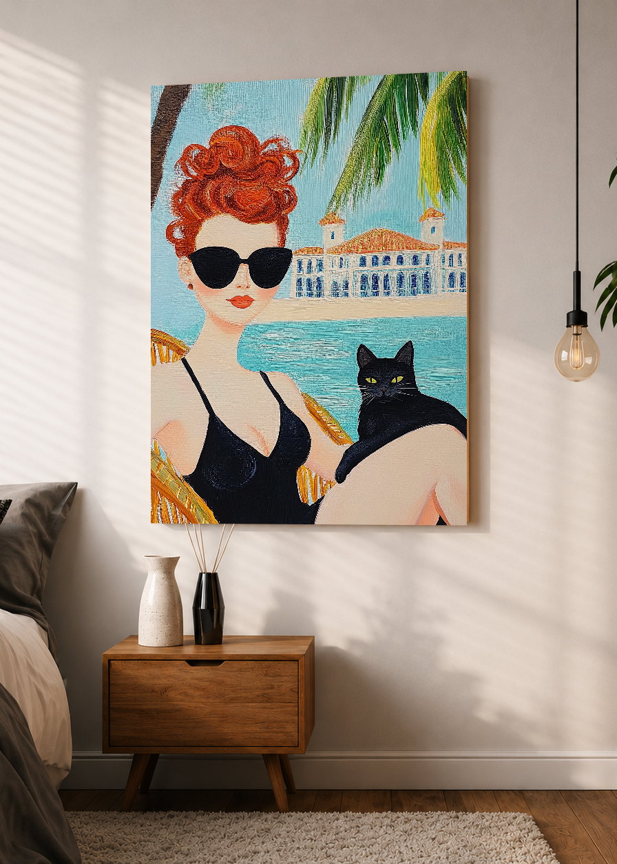 Cuadro Decorativo Mural Sin Marco 5mm - Trendy, Mujer Gato Negro Palmeras