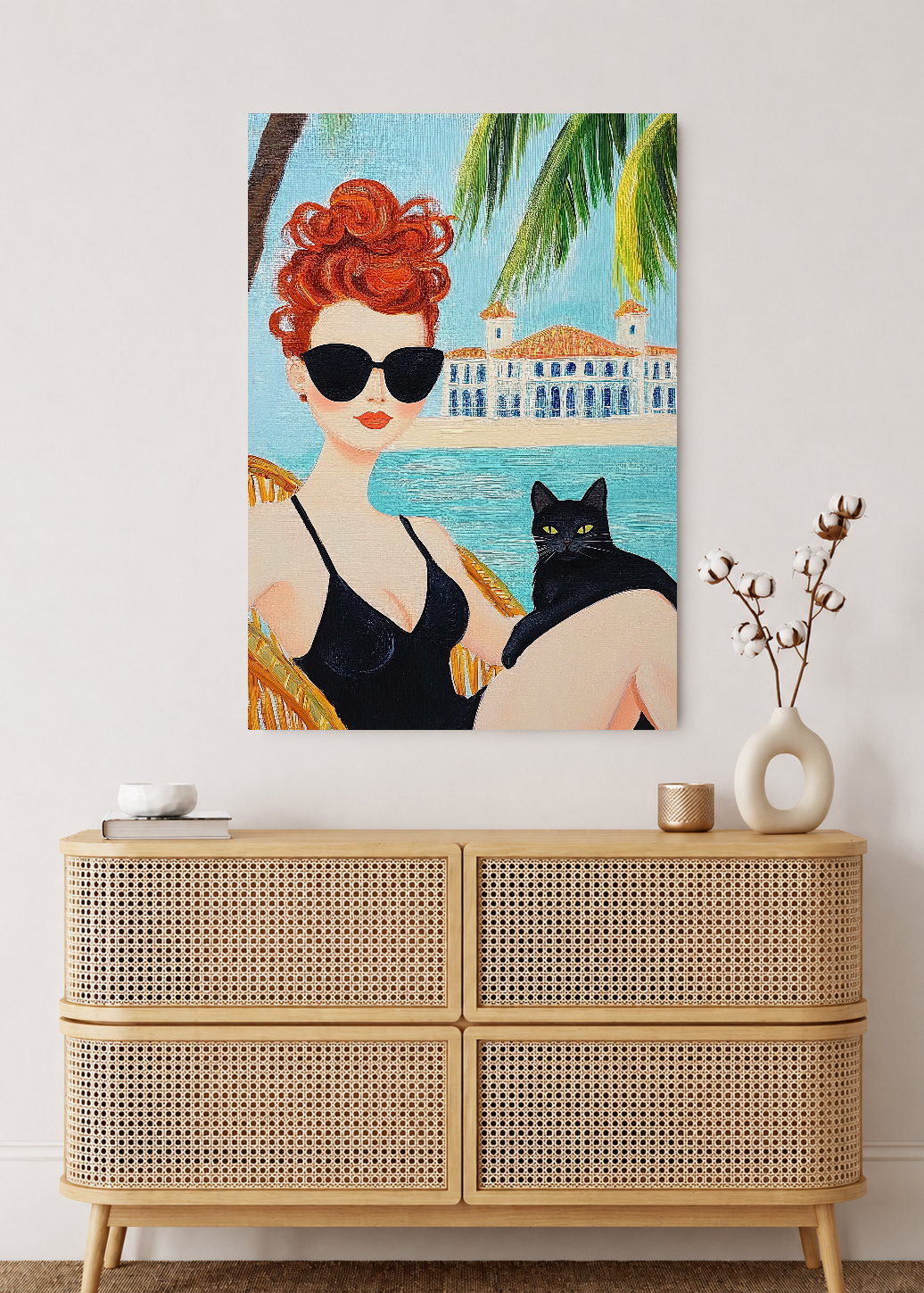 Cuadro Decorativo Mural Sin Marco 5mm - Trendy, Mujer Gato Negro Palmeras