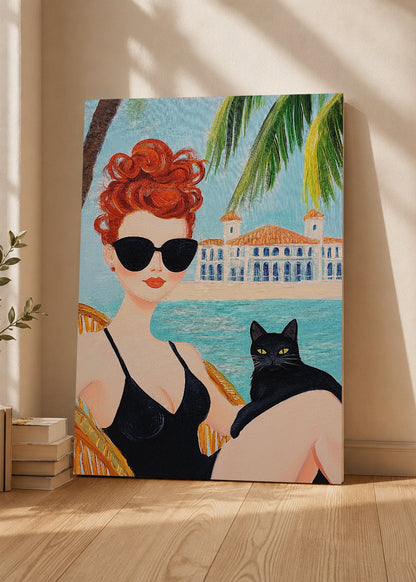 Cuadro Decorativo Mural Sin Marco 5mm - Trendy, Mujer Gato Negro Palmeras
