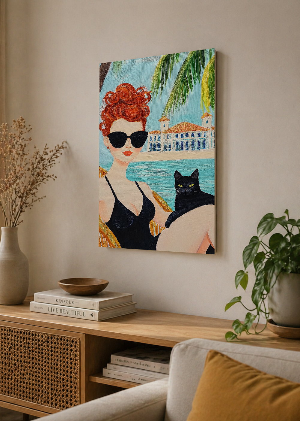 Cuadro Decorativo Mural Sin Marco 5mm - Trendy, Mujer Gato Negro Palmeras