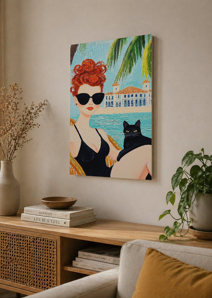 Cuadro Decorativo Mural Sin Marco 5mm - Trendy, Mujer Gato Negro Palmeras