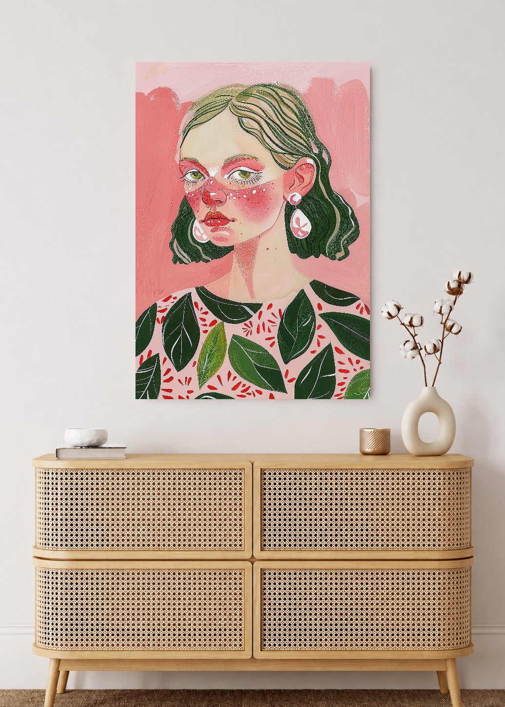 Cuadro Decorativo Mural Sin Marco 5mm - Trendy, Mujer Hojas Rosa Verde