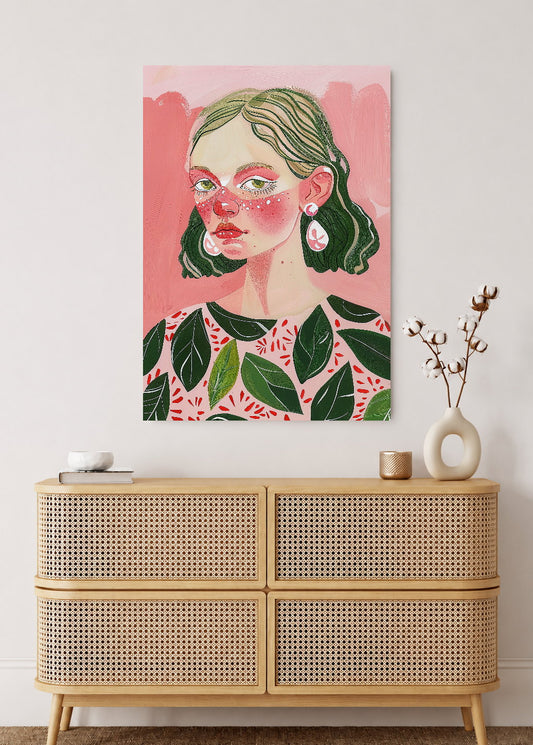 Cuadro Decorativo Mural Sin Marco 5mm - Trendy, Mujer Hojas Rosa Verde