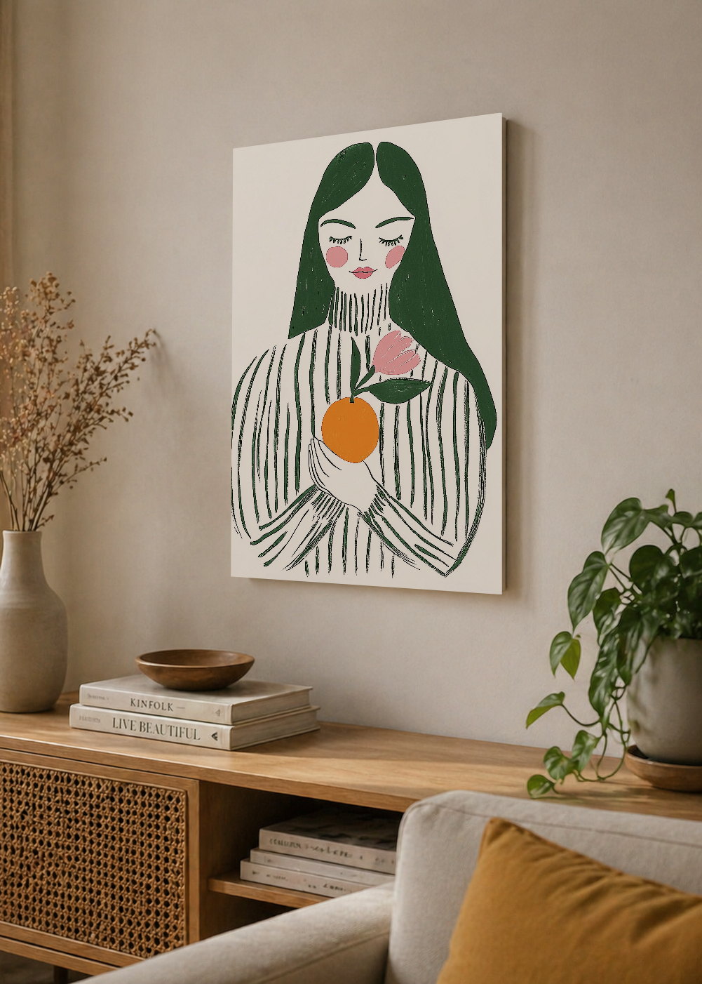 Cuadro Decorativo Mural Sin Marco 5mm - Trendy, Mujer Rayas Naranja Verde