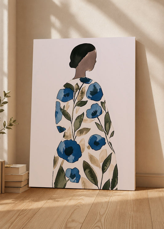 Cuadro Decorativo Mural Sin Marco 5mm - Trendy, Mujer Vestido Flores Azul