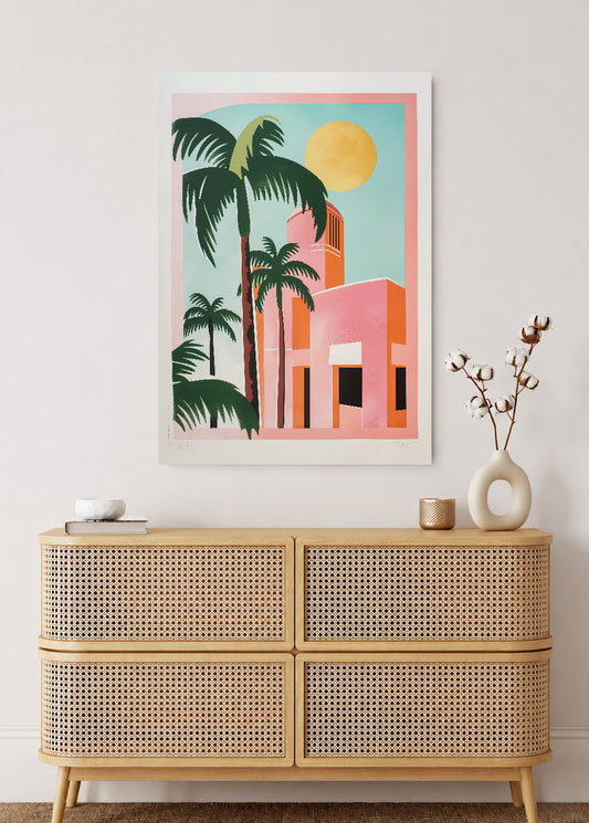 Cuadro Decorativo Mural Sin Marco 5mm - Trendy, Palmeras Casa Rosa Sol