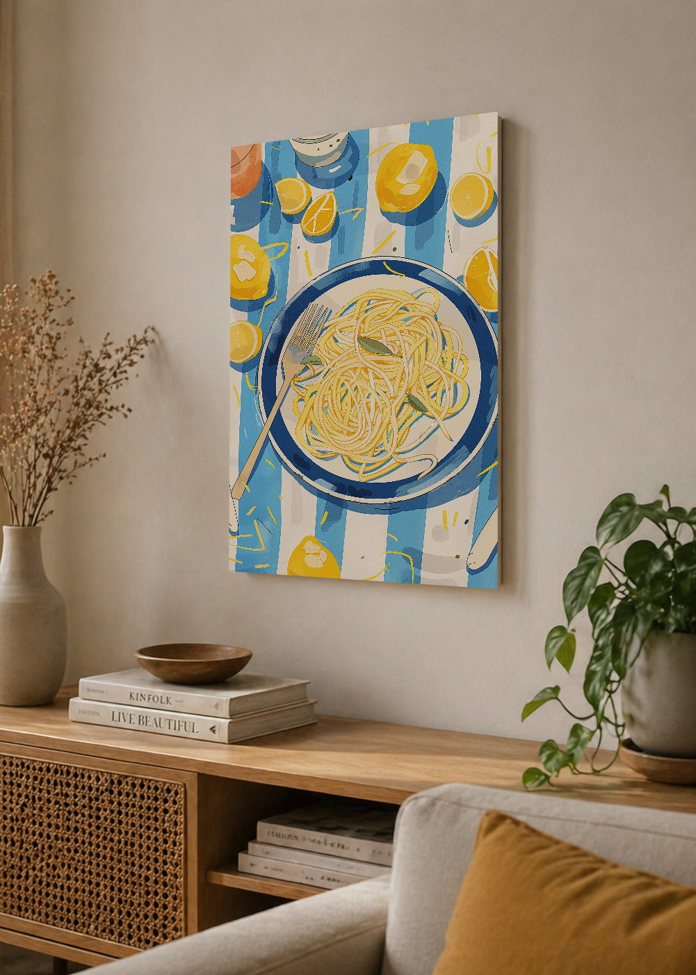Cuadro Decorativo Mural Sin Marco 5mm - Trendy, Pasta Plato Rayas Azul Limón
