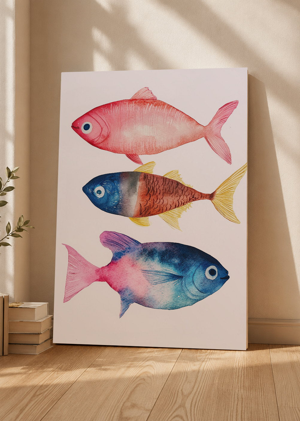 Cuadro Decorativo Mural Sin Marco 5mm - Trendy, Peces Acuarela Rosa Azul