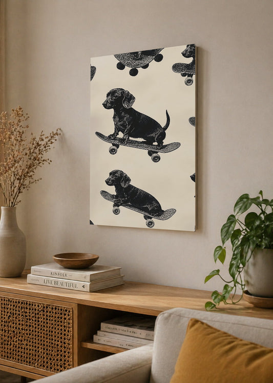 Cuadro Decorativo Mural Sin Marco 5mm - Trendy, Perros Salchicha Skate Crema