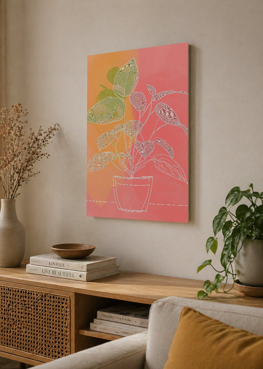 Cuadro Decorativo Mural Sin Marco 5mm - Trendy, Planta Maceta Damero Rosa