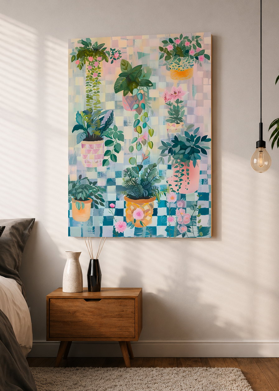 Cuadro Decorativo Mural Sin Marco 5mm - Trendy, Plantas Colgantes Ajedrez Pastel