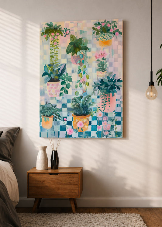 Cuadro Decorativo Mural Sin Marco 5mm - Trendy, Plantas Colgantes Ajedrez Pastel