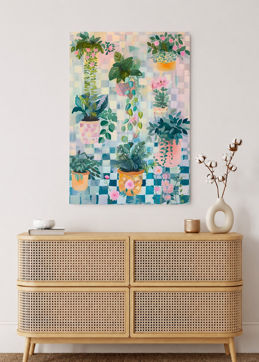 Cuadro Decorativo Mural Sin Marco 5mm - Trendy, Plantas Colgantes Ajedrez Pastel