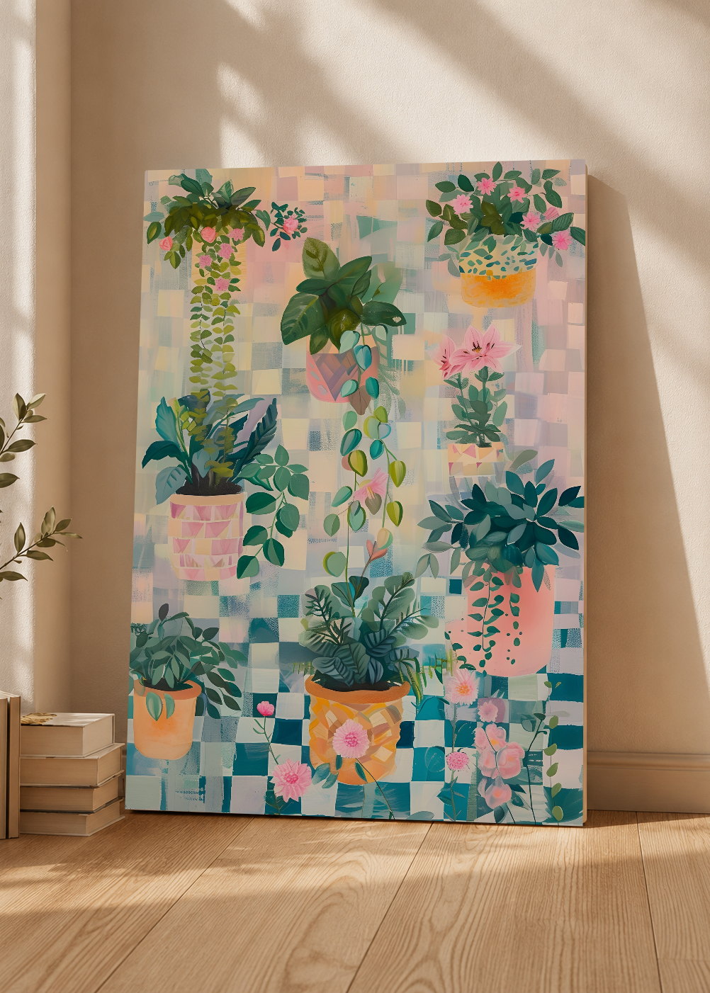 Cuadro Decorativo Mural Sin Marco 5mm - Trendy, Plantas Colgantes Ajedrez Pastel