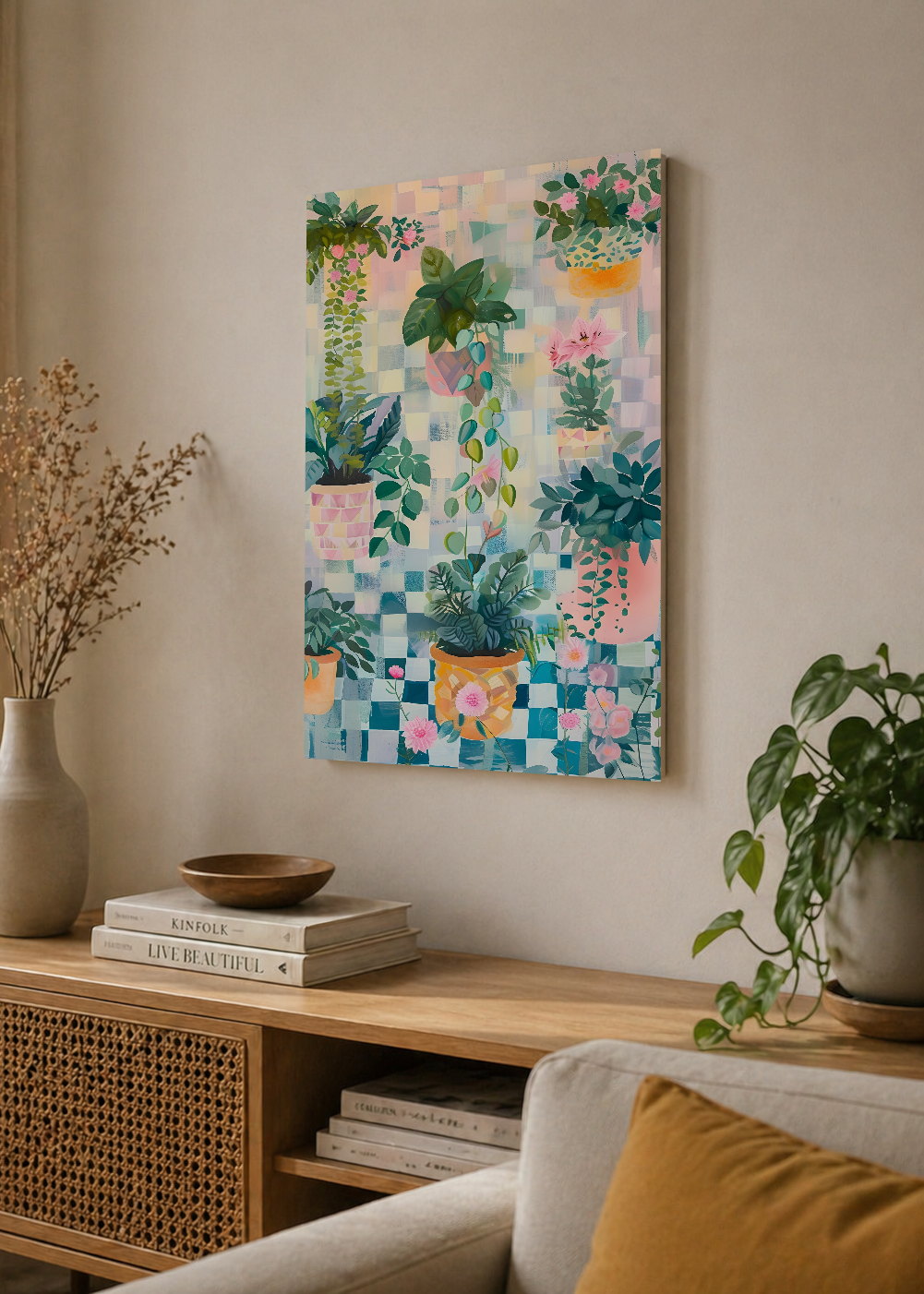 Cuadro Decorativo Mural Sin Marco 5mm - Trendy, Plantas Colgantes Ajedrez Pastel