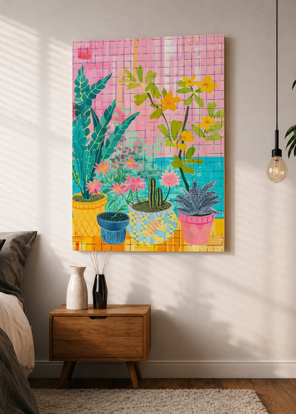 Cuadro Decorativo Mural Sin Marco 5mm - Trendy, Plantas Macetas Cuadrillé Rosa