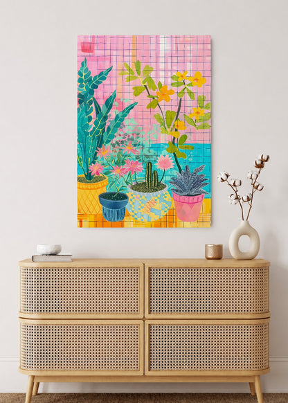 Cuadro Decorativo Mural Sin Marco 5mm - Trendy, Plantas Macetas Cuadrillé Rosa