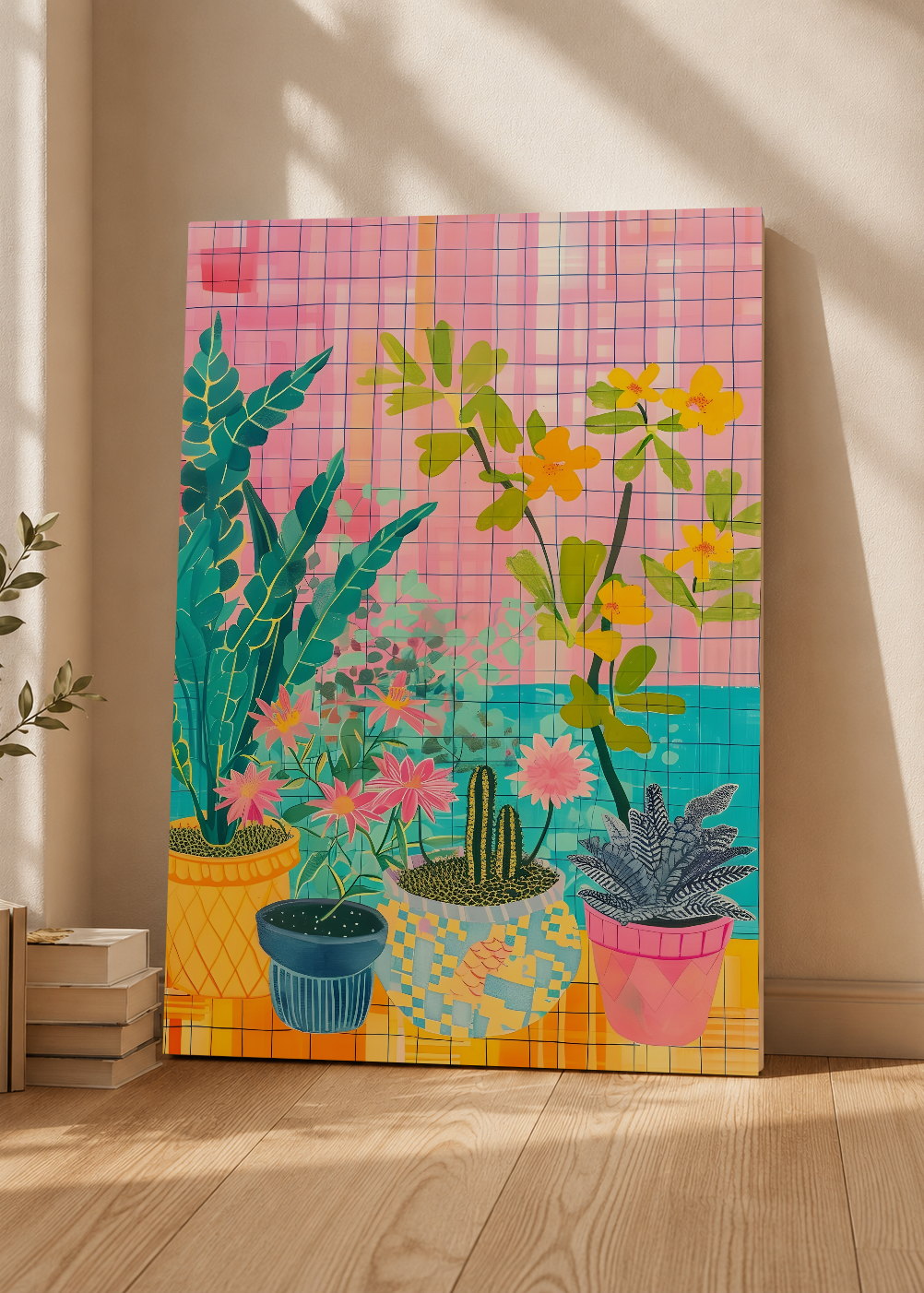 Cuadro Decorativo Mural Sin Marco 5mm - Trendy, Plantas Macetas Cuadrillé Rosa