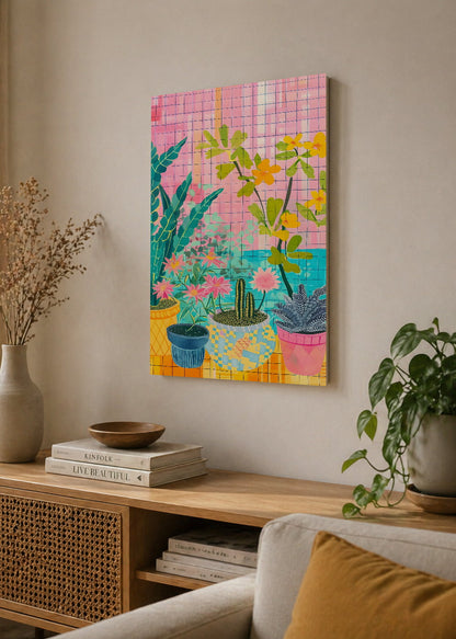 Cuadro Decorativo Mural Sin Marco 5mm - Trendy, Plantas Macetas Cuadrillé Rosa