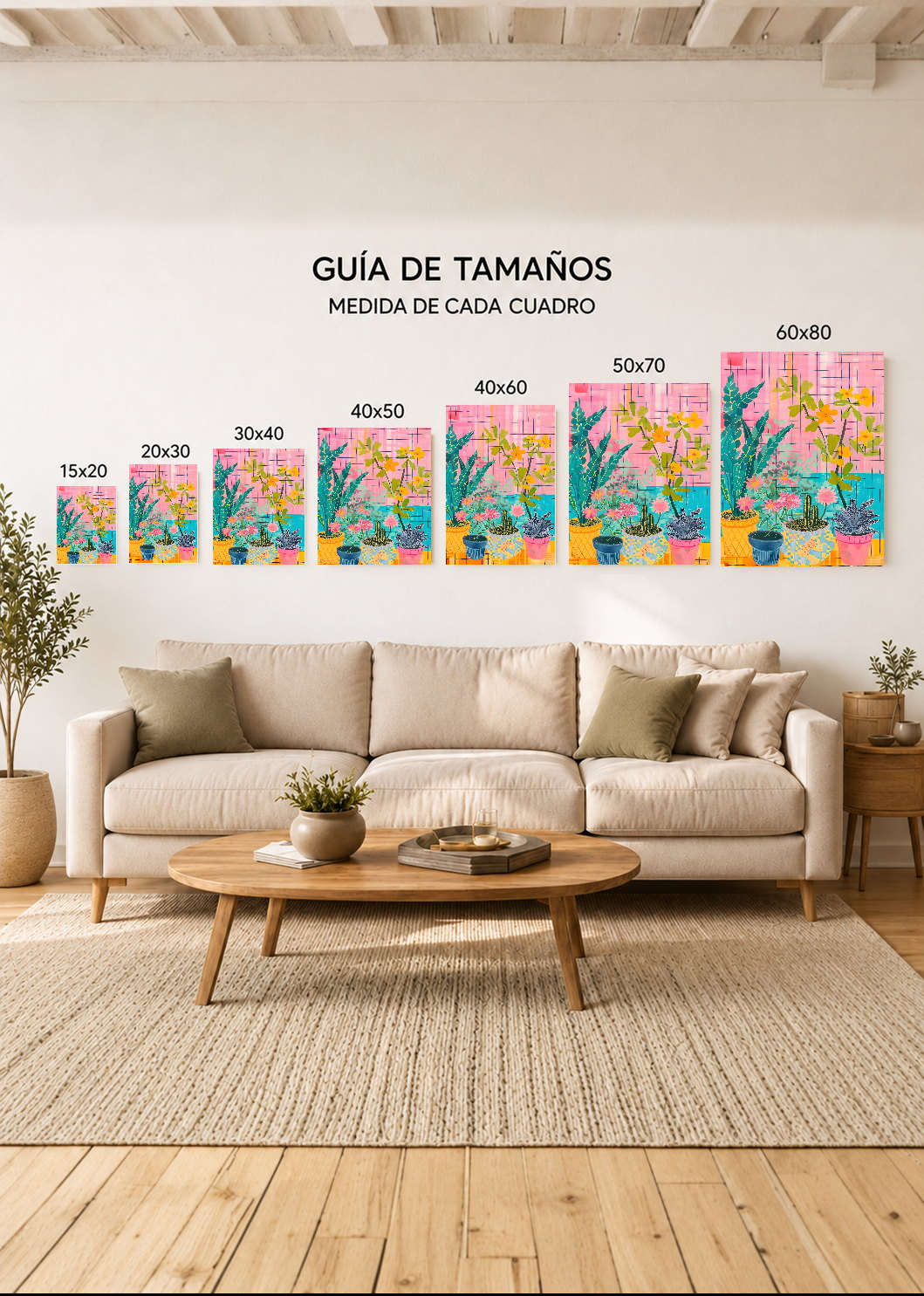 Cuadro Decorativo Mural Sin Marco 5mm - Trendy, Plantas Macetas Cuadrillé Rosa
