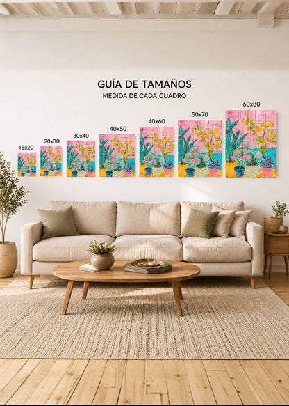 Cuadro Decorativo Mural Sin Marco 5mm - Trendy, Plantas Macetas Cuadrillé Rosa