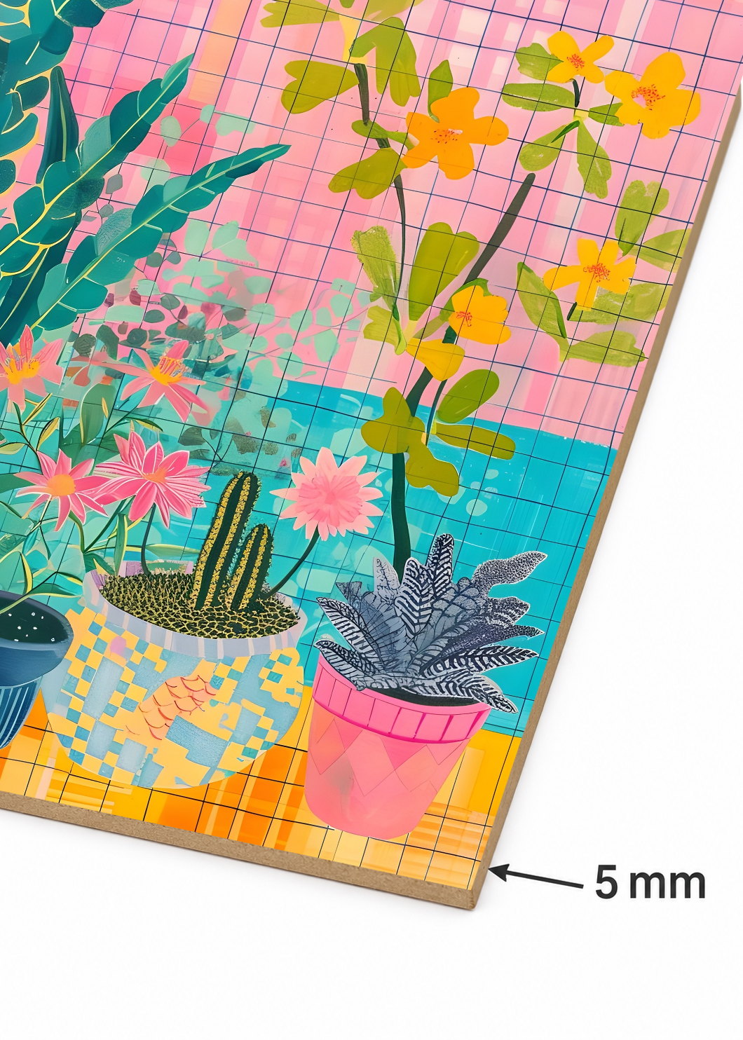 Cuadro Decorativo Mural Sin Marco 5mm - Trendy, Plantas Macetas Cuadrillé Rosa