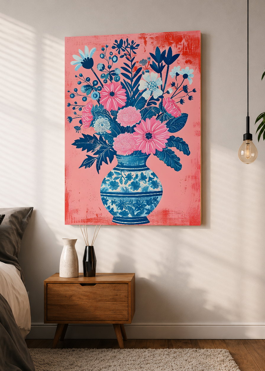 Cuadro Decorativo Mural Sin Marco 5mm - Trendy, Ramo Flores Jarrón Porcelana Azul