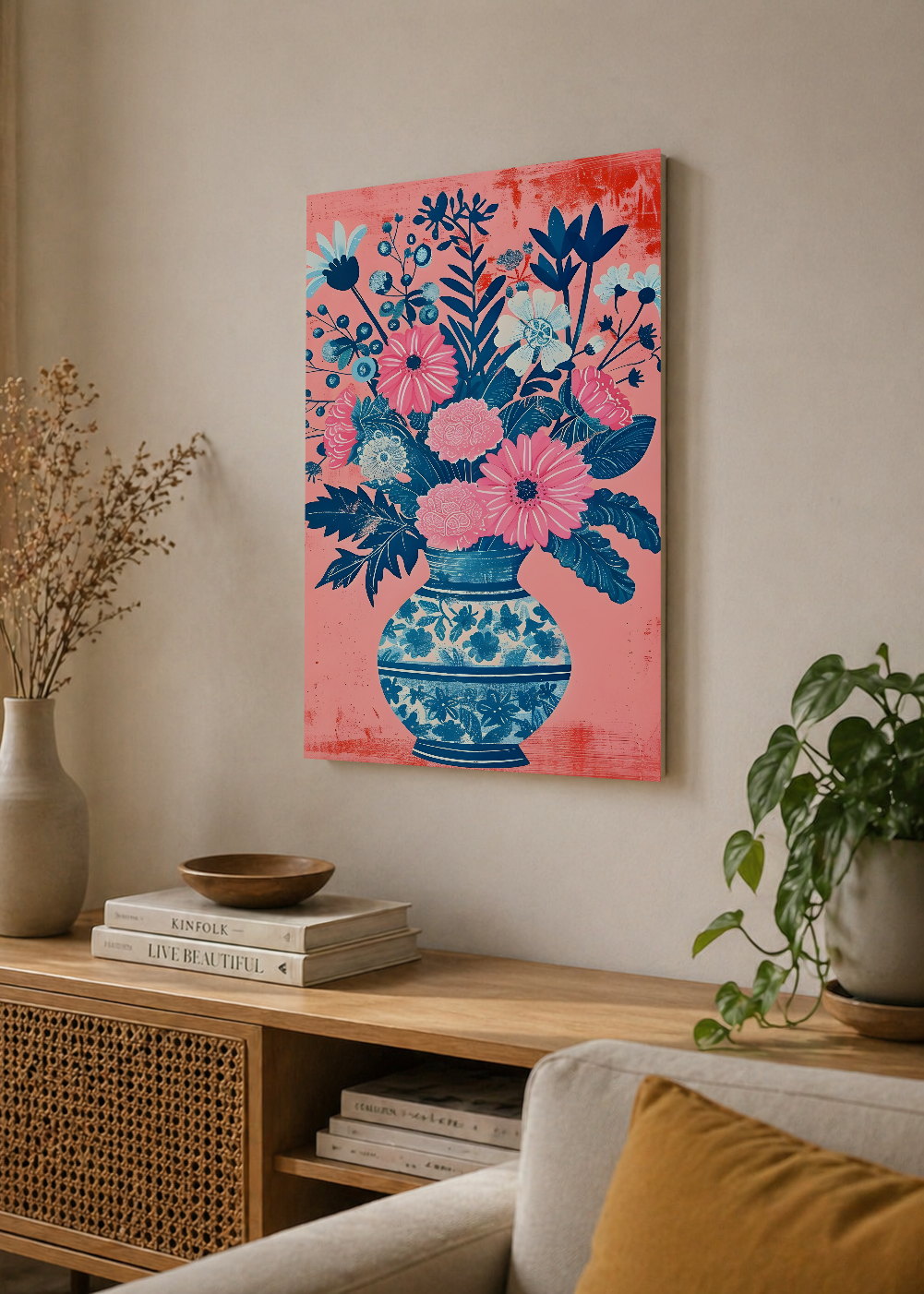 Cuadro Decorativo Mural Sin Marco 5mm - Trendy, Ramo Flores Jarrón Porcelana Azul