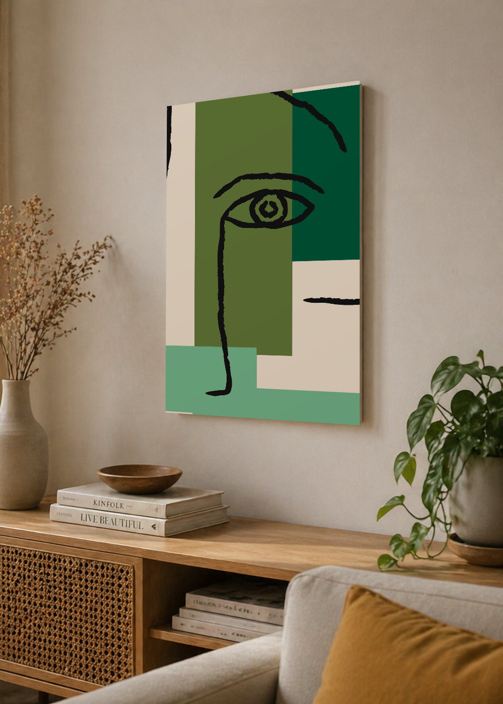 Cuadro Decorativo Mural Sin Marco 5mm - Trendy, Rostro Línea Bloques Verde