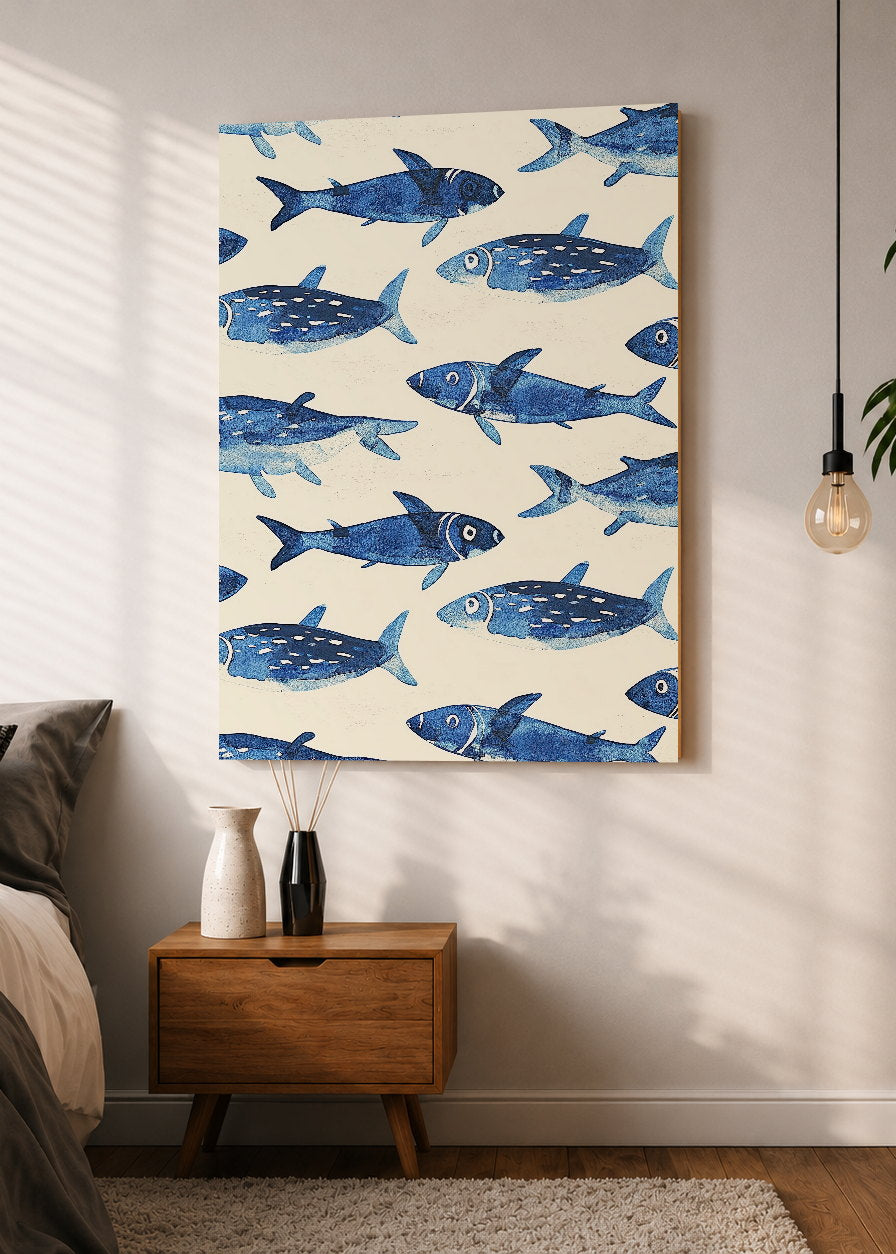 Cuadro Decorativo Mural Sin Marco 5mm - Trendy, Sardinas Patrón Azul Crema