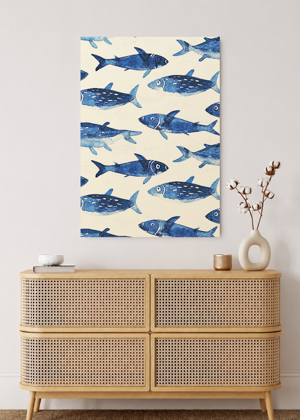 Cuadro Decorativo Mural Sin Marco 5mm - Trendy, Sardinas Patrón Azul Crema