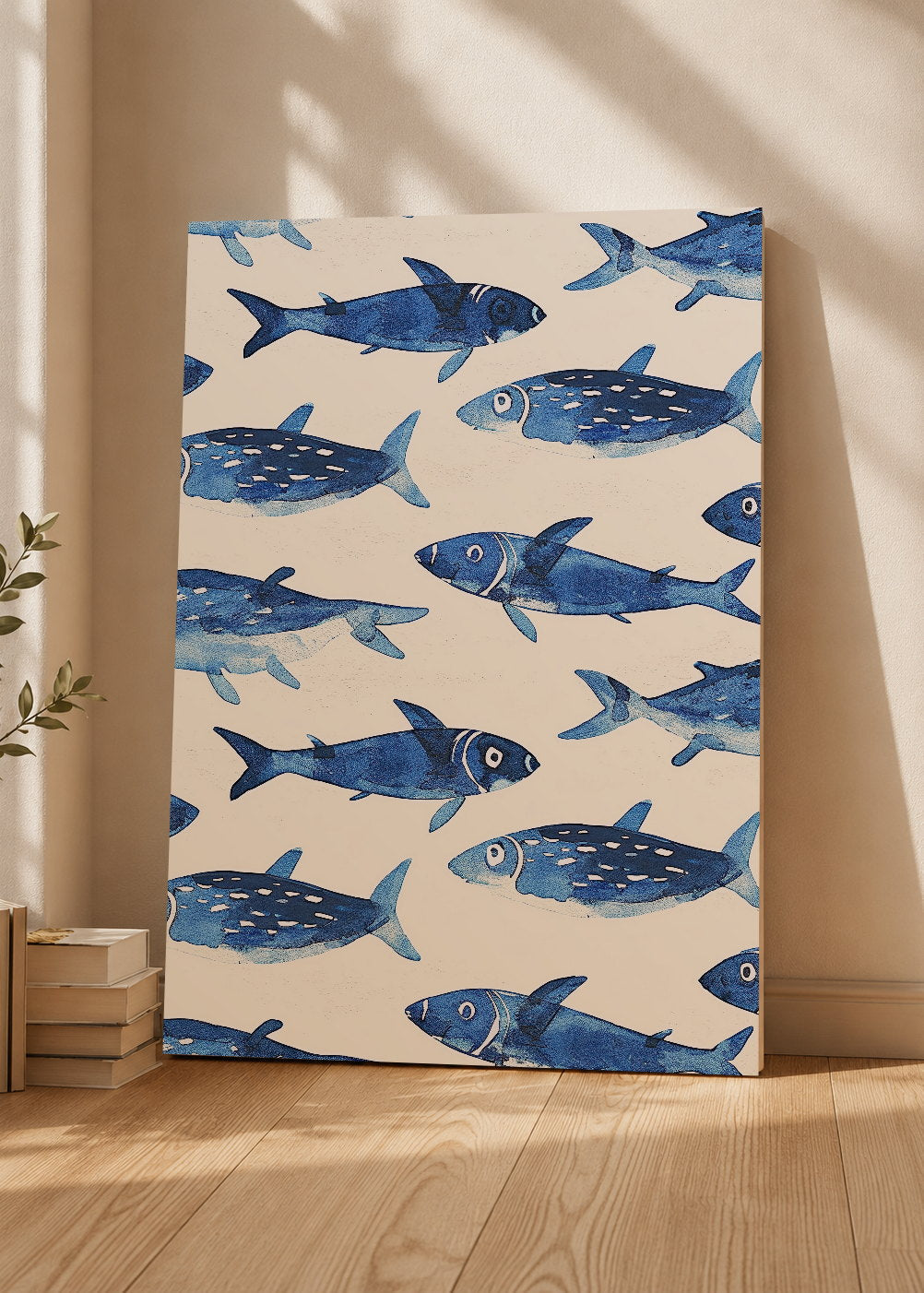 Cuadro Decorativo Mural Sin Marco 5mm - Trendy, Sardinas Patrón Azul Crema