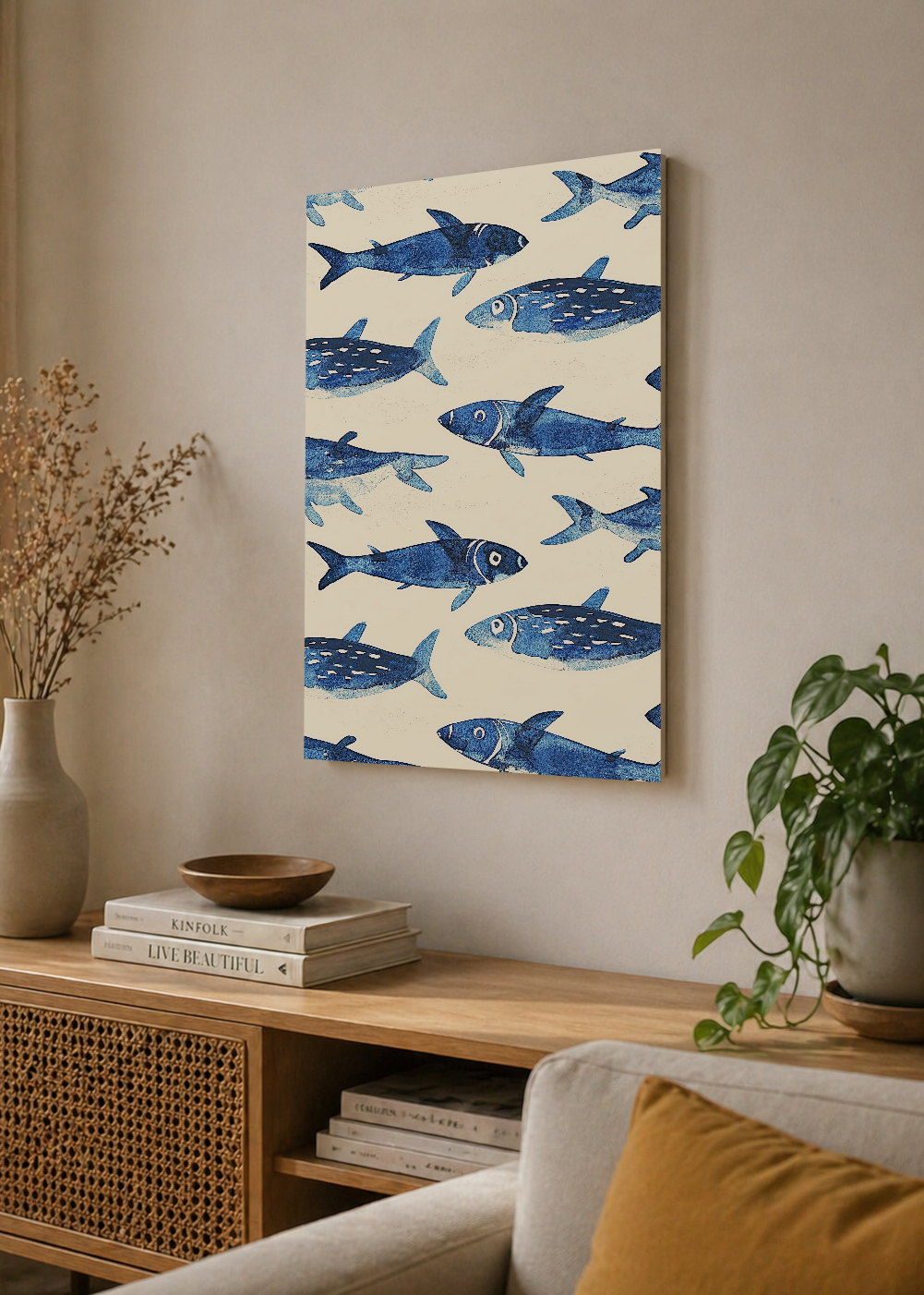 Cuadro Decorativo Mural Sin Marco 5mm - Trendy, Sardinas Patrón Azul Crema