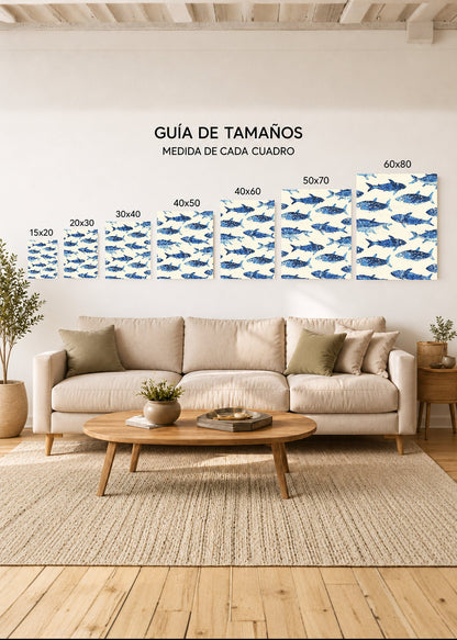 Cuadro Decorativo Mural Sin Marco 5mm - Trendy, Sardinas Patrón Azul Crema