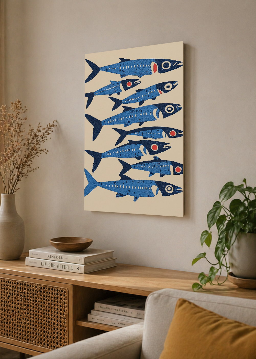 Cuadro Decorativo Mural Sin Marco 5mm - Trendy, Sardinas Patrón Azul Indigo