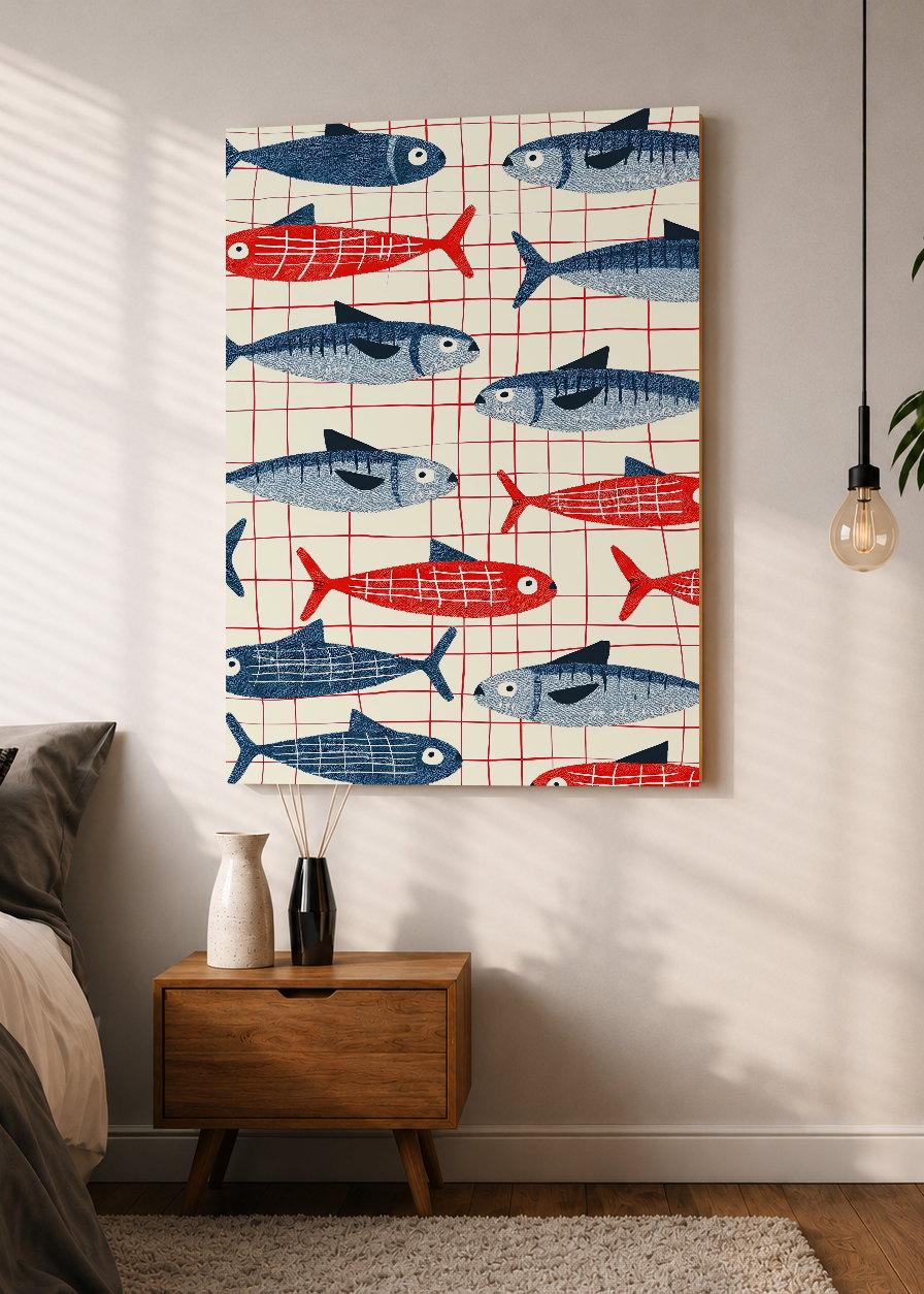 Cuadro Decorativo Mural Sin Marco 5mm - Trendy, Sardinas Patrón Rojo Azul