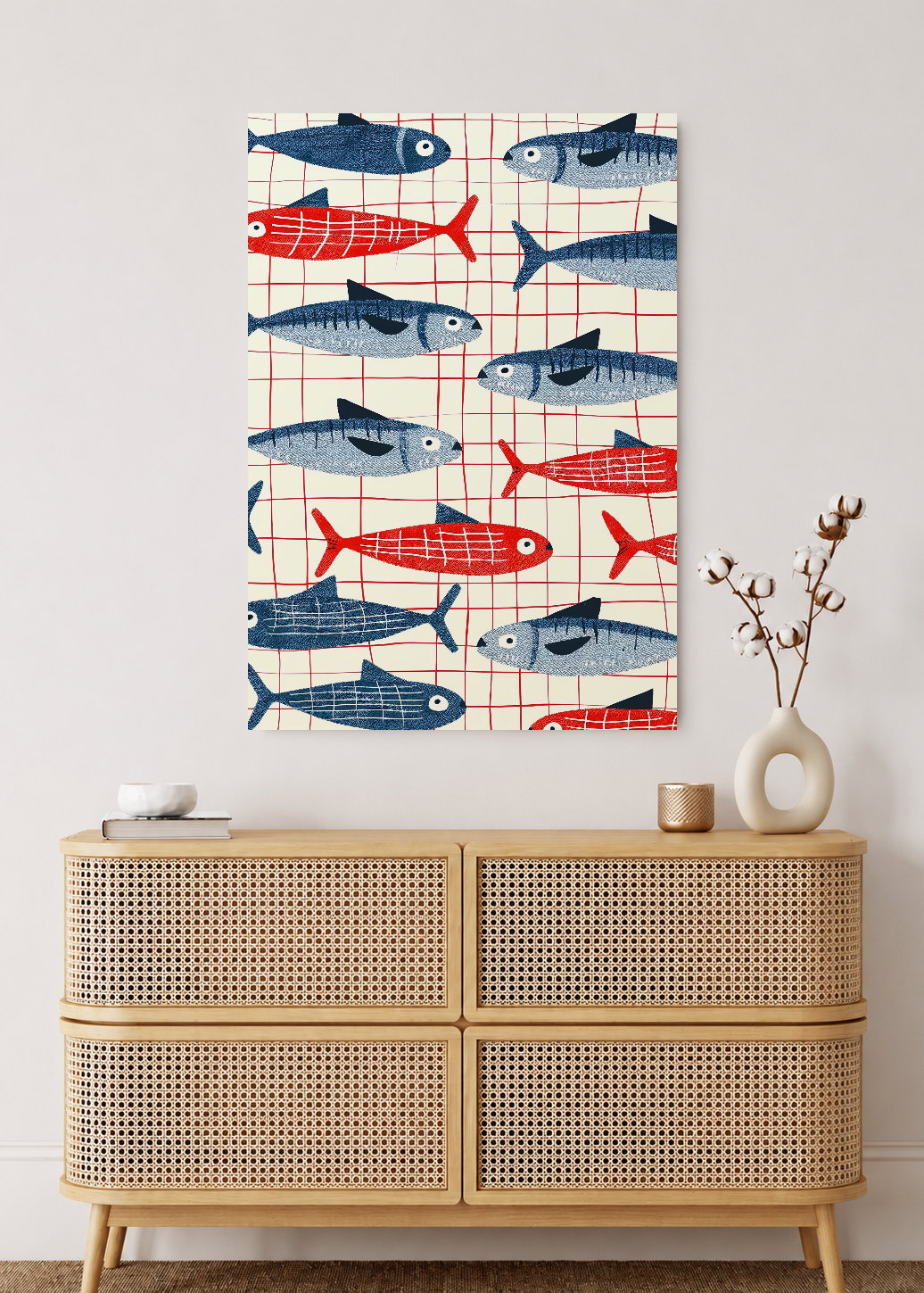 Cuadro Decorativo Mural Sin Marco 5mm - Trendy, Sardinas Patrón Rojo Azul